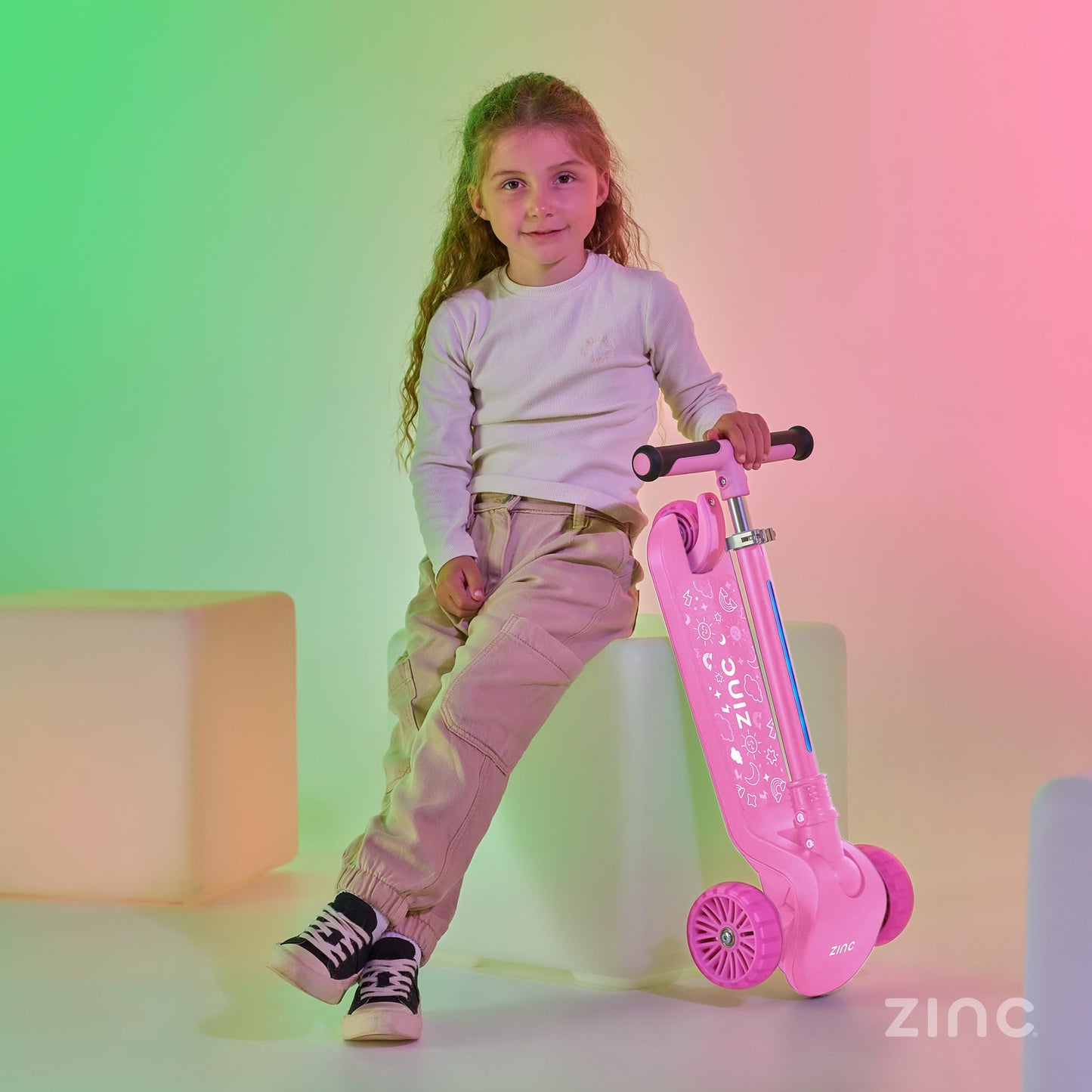 Zinc 3 Wheel Folding Led Shine Scooter for Kids, Light Up Stem with 20 Light Functions, Folding, Non-Slip Grips, Adjustable Handlebar, Pink