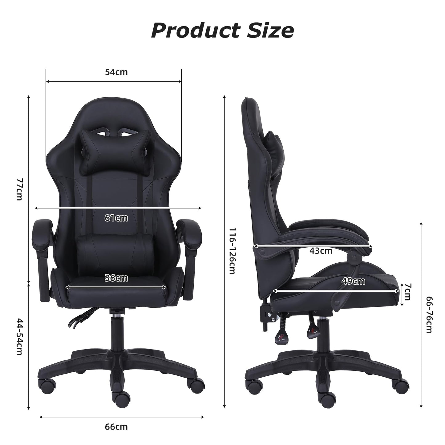 Millhouse Sport Desk Chair in black with adjustable lumbar and head pillows, designed for office and gaming use.
