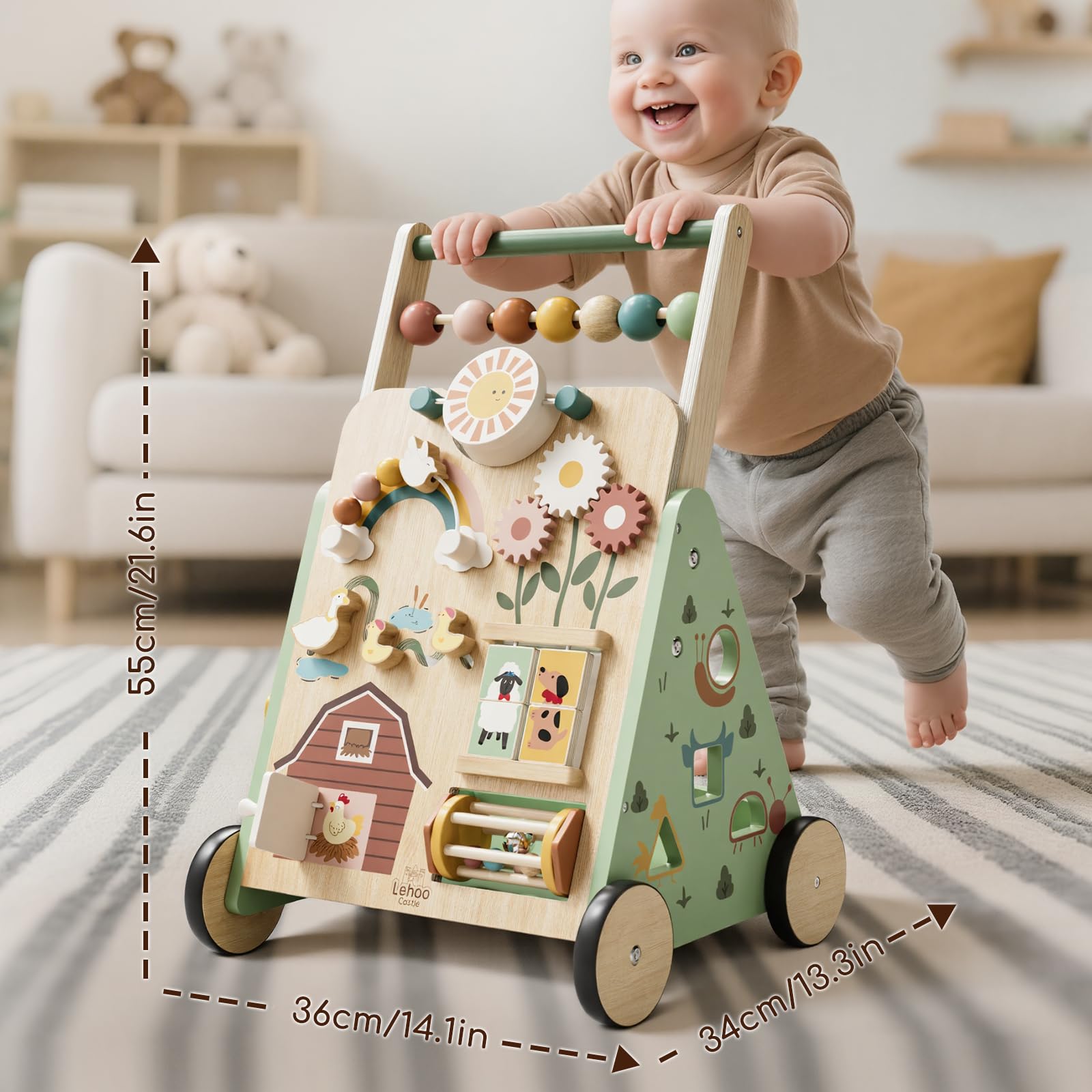 Lehoo Castle wooden baby walker with colorful activity panels, push along toy for 1-2 year old boys and girls, 10-in-1 learning center
