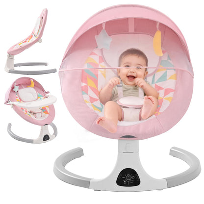 Cozydwells pink electric baby bouncer with Bluetooth, remote control, 5 swing speeds, adjustable angles, canopy, mosquito net, and detachable tray.