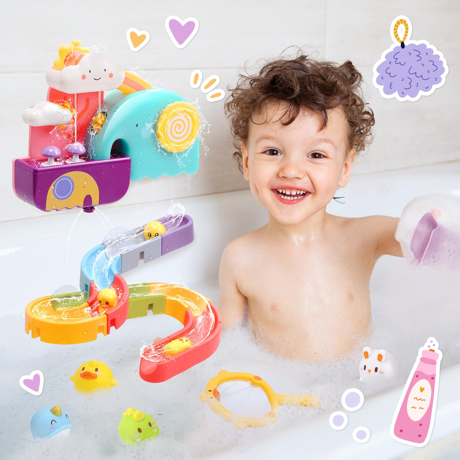 Cute Stone baby bath toys set with squeaky ducks, slide, fishing net, and colorful educational bath toys for boys and girls.