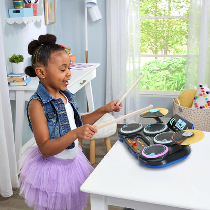 VTech Kidi Star Drum Pad in black, featuring colorful drum pads and control buttons for kids' music play and creativity.