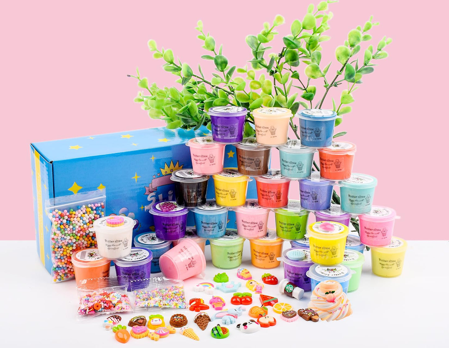 Set of 32 fluffy mini butter slime kits with cute charms, scented, soft, non-sticky stress relief putty for kids and birthday gifts.