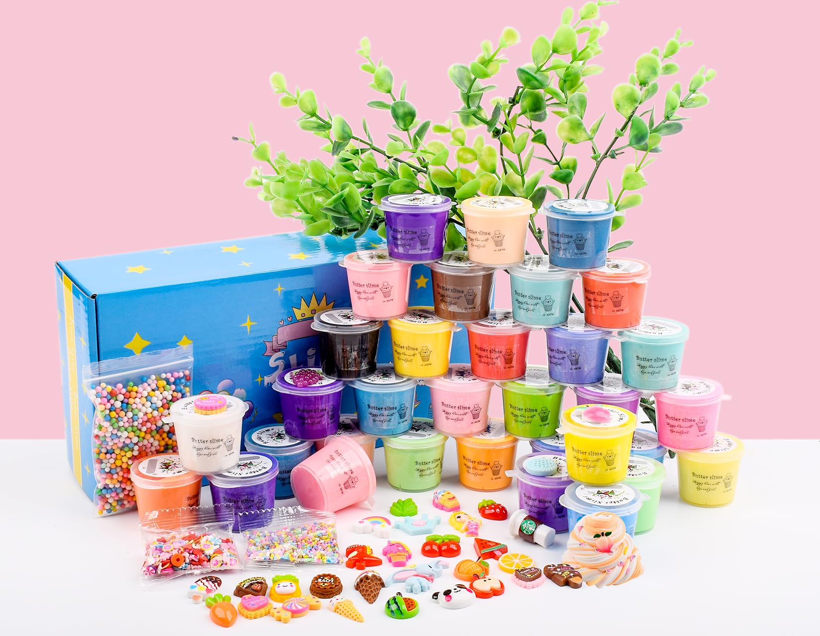 Set of 32 fluffy mini butter slime kits with cute charms, scented, soft, non-sticky stress relief putty for kids and birthday gifts.