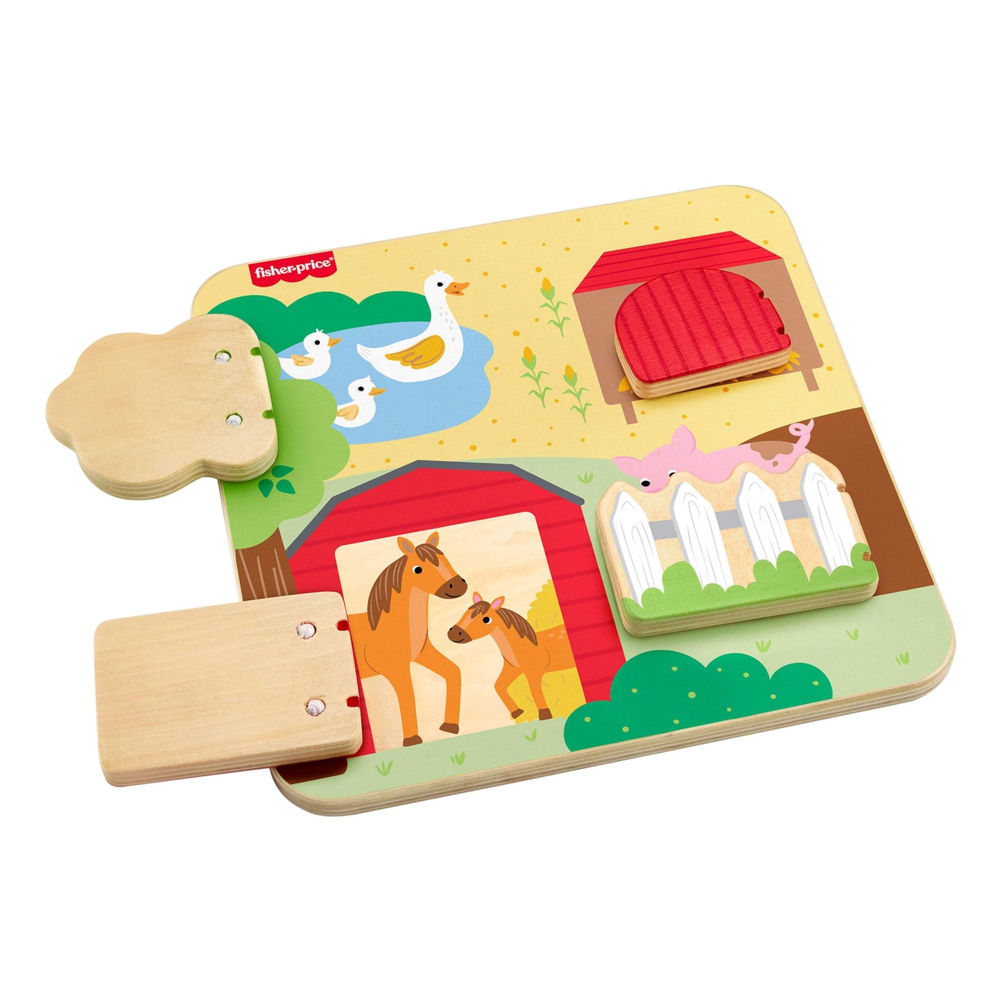 Fisher-Price wooden farm animals toy board with colorful animal figures for infants and toddlers, promoting fine motor skills.