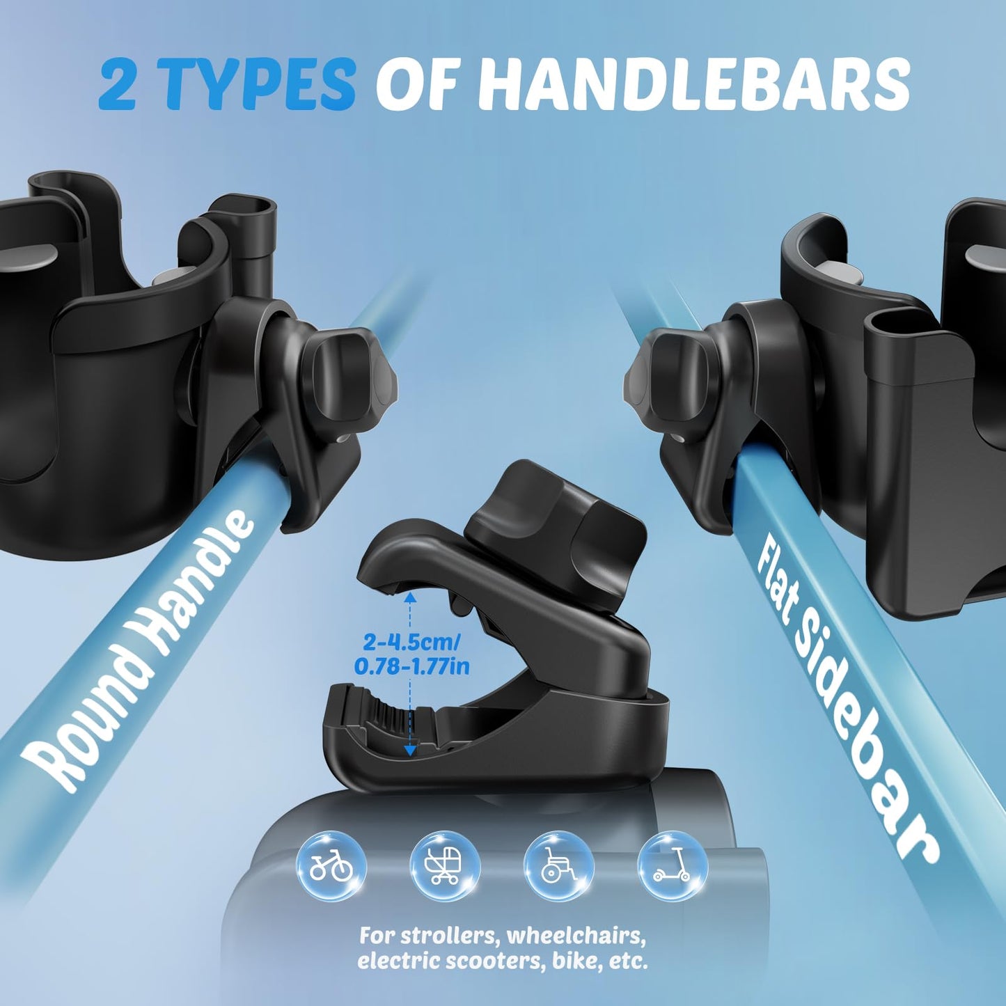 Guiseapue universal pram cup holder with phone holder for stroller, wheelchair, bike, and baby essentials, black plastic design.
