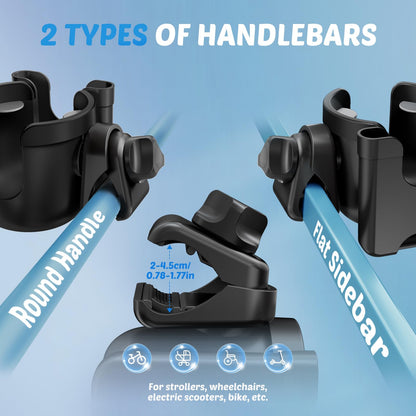 Guiseapue universal pram cup holder with phone holder for stroller, wheelchair, bike, and baby essentials, black plastic design.