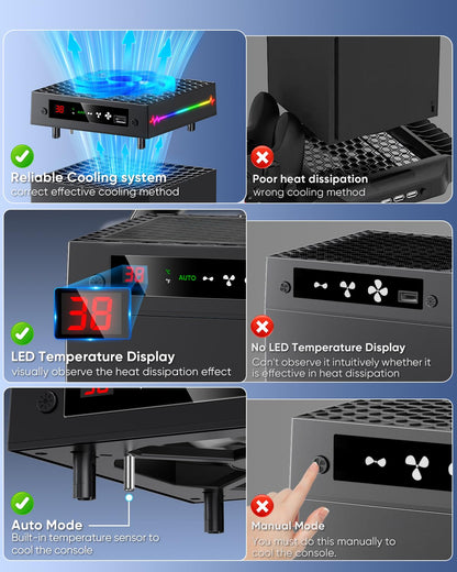 LED Display Auto Cooling Fan for Xbox Series X with 9 RGB Light Modes & Dust Cover, Cooling System Adjustable by Temperature with 4 Gears for Xbox Series X Console, Cooler & Headset Hook, USB Port
