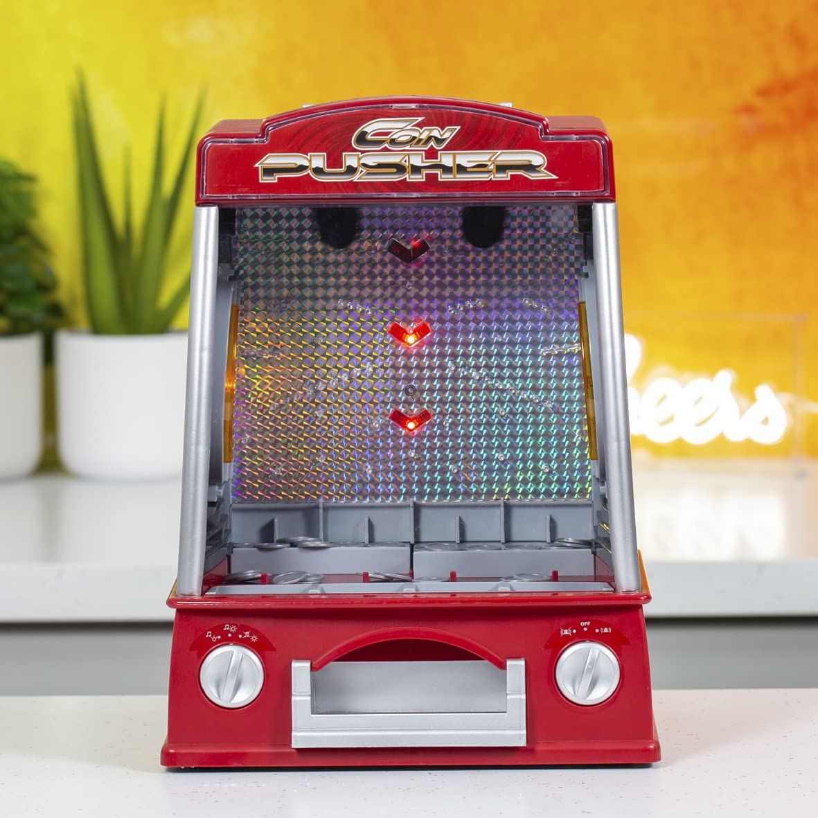 Global Gizmos Arcade Coin Pusher Game Machine Novelty, Fairground Kids, Family 50130, Red