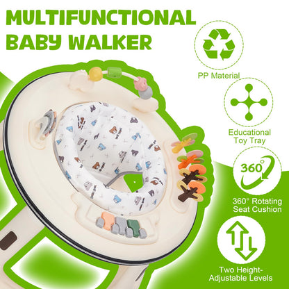 White baby walker with adjustable height, music and lights, 360° quiet wheels, swivel seat, foot pad, and activity game center.