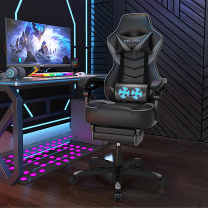 Grey PULUOMIS gaming chair with footrest, ergonomic design, headrest, lumbar support, and massage feature for comfortable gaming.