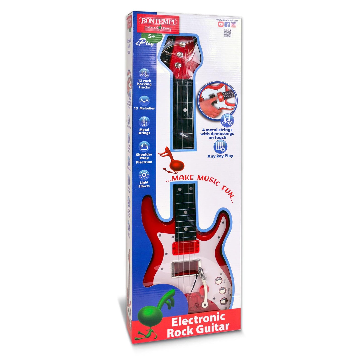 Bontempi electric guitar with black body, six strings, and control knobs, resting on a stand.