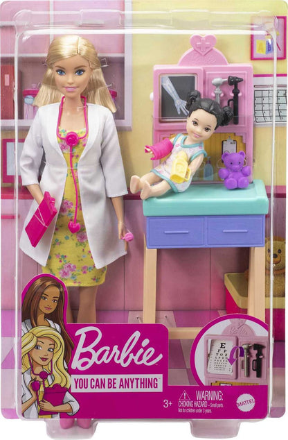 Barbie Pediatrician Playset with blonde doll, exam table, stethoscope, X-ray, clipboard, teddy bear, and patient accessories for kids