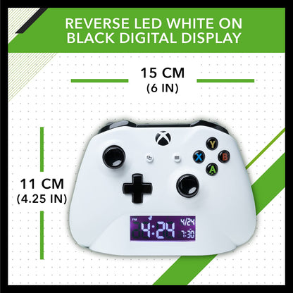 Paladone Xbox alarm clock with multicolored lighting, showcasing official gaming merchandise design in a close-up view.