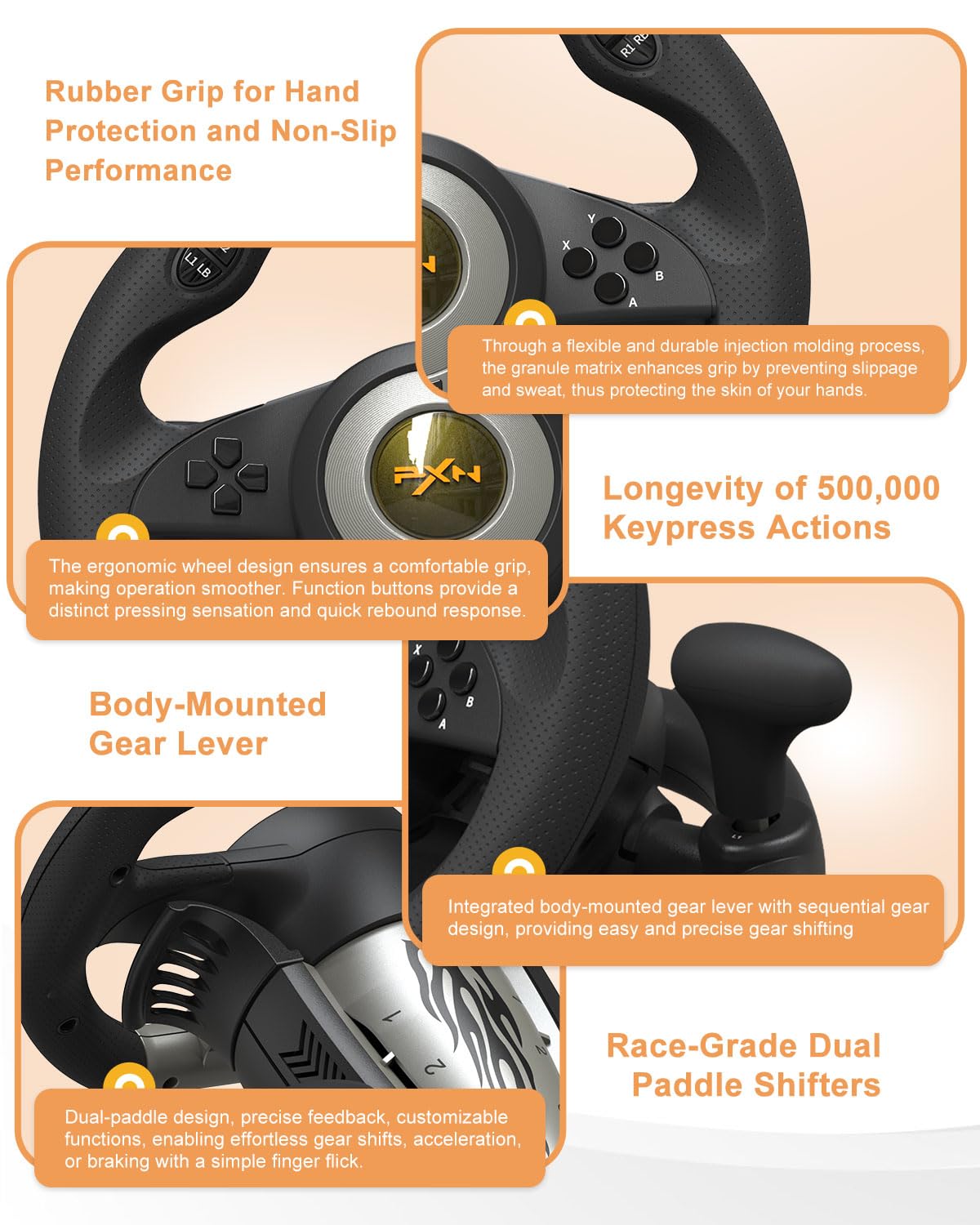 PXN V3 Pro Gaming Steering Wheel with Pedals - 180° Wheel, Vibration Feedback, Integrated-Shifter, Paddle Shifters - Steering Wheel for PC, PS3, PS4, Xbox and Switch - Black