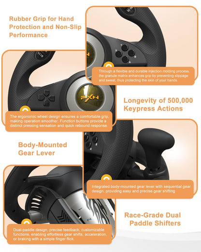 PXN V3 Pro Gaming Steering Wheel with Pedals - 180° Wheel, Vibration Feedback, Integrated-Shifter, Paddle Shifters - Steering Wheel for PC, PS3, PS4, Xbox and Switch - Black