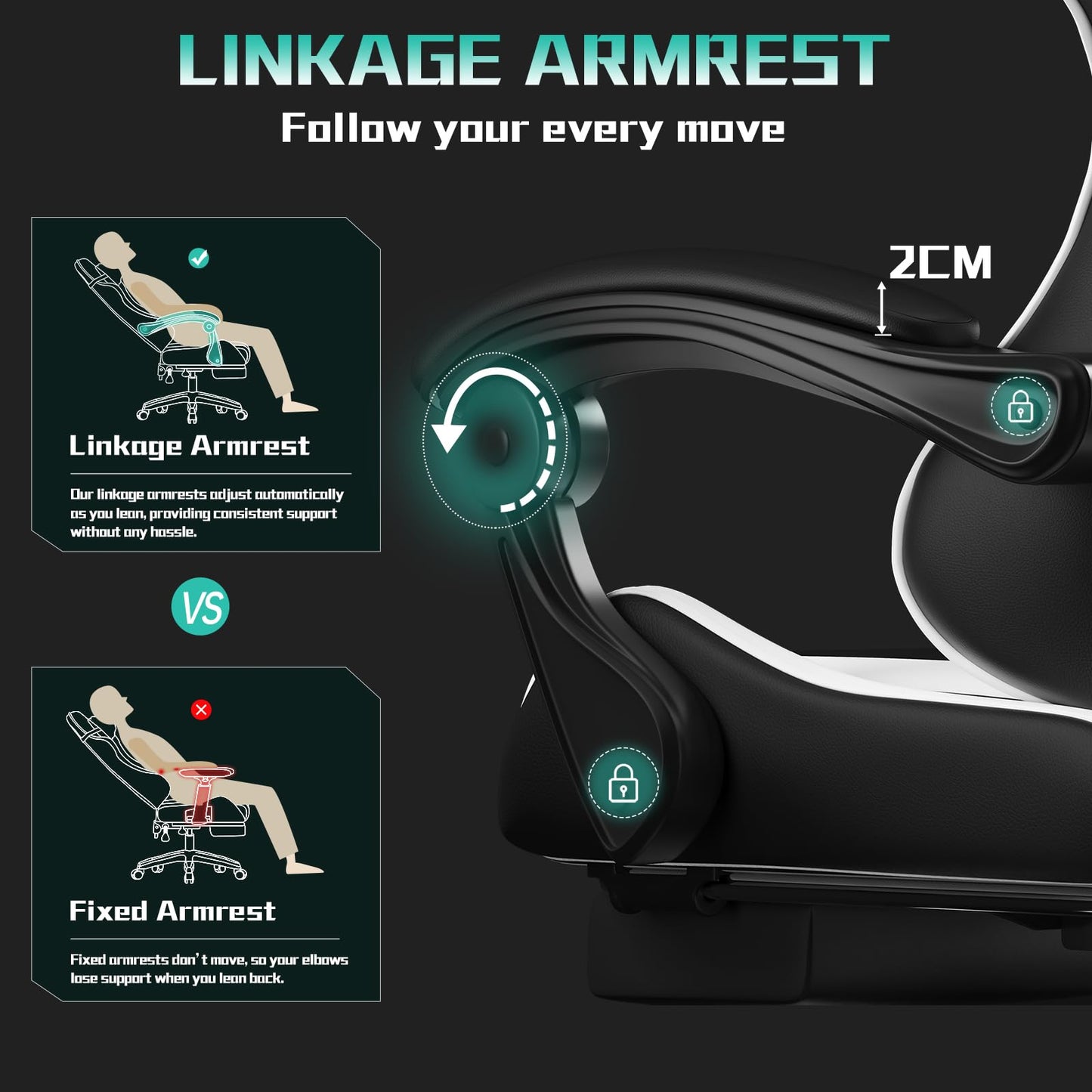 Vfalcon XTREME gaming chair in white with ergonomic design, reclining feature, footrest, 360° swivel, and height adjustment.