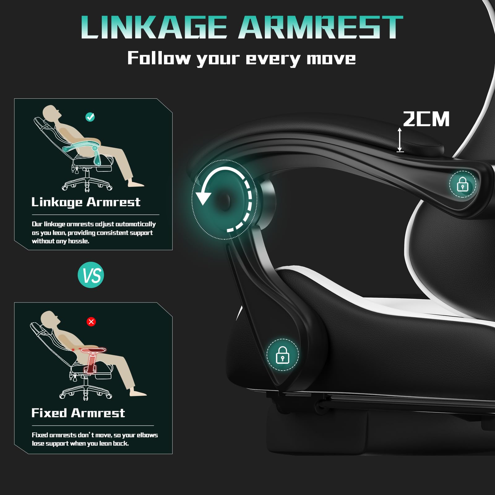 Vfalcon XTREME gaming chair in white with ergonomic design, reclining feature, footrest, 360° swivel, and height adjustment.