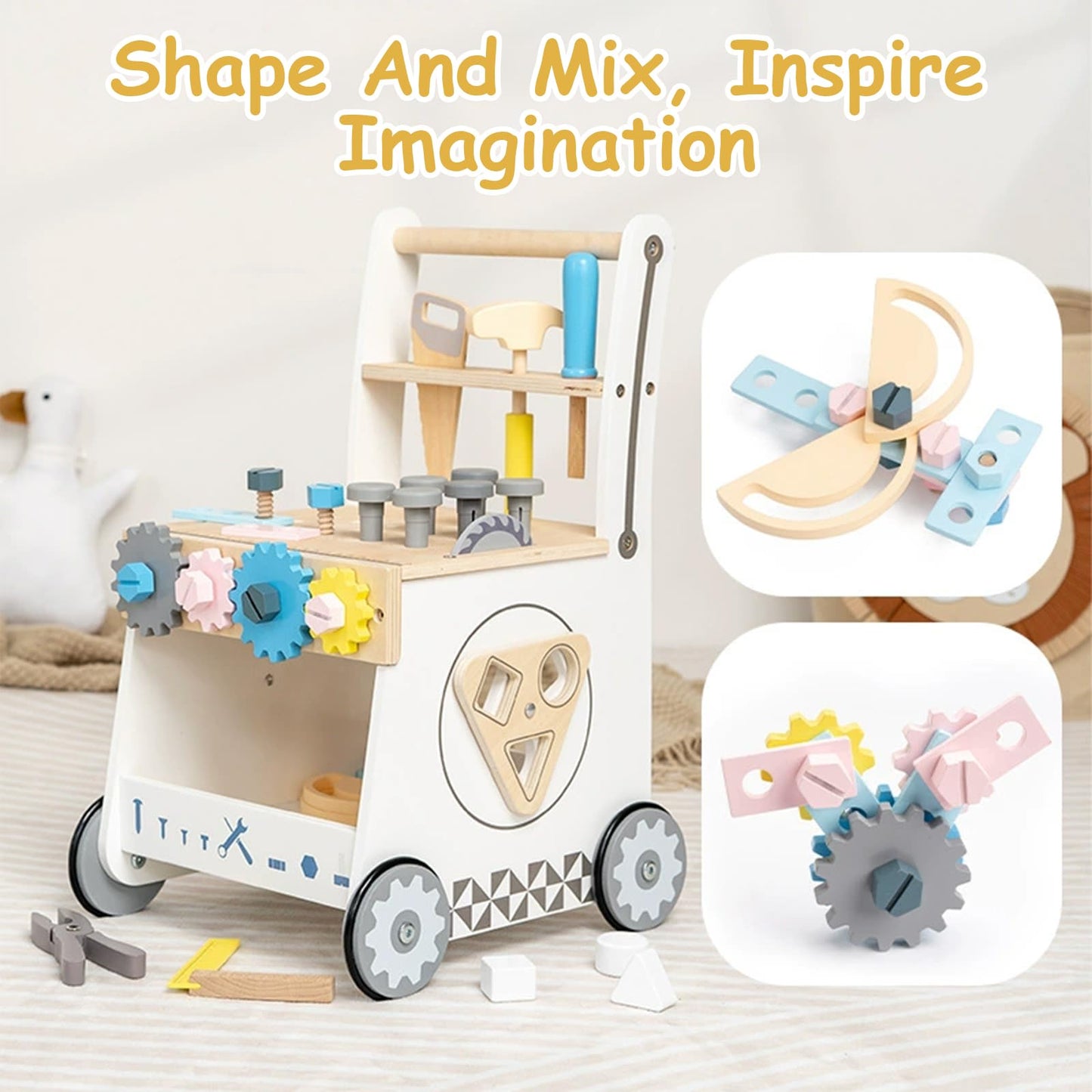 Caossuixin wooden baby walker with shape sorter, toy tool set, workbench, and clock, designed for toddlers aged 6-12 months.