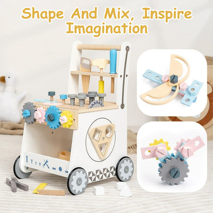 Caossuixin wooden baby walker with shape sorter, toy tool set, workbench, and clock, designed for toddlers aged 6-12 months.