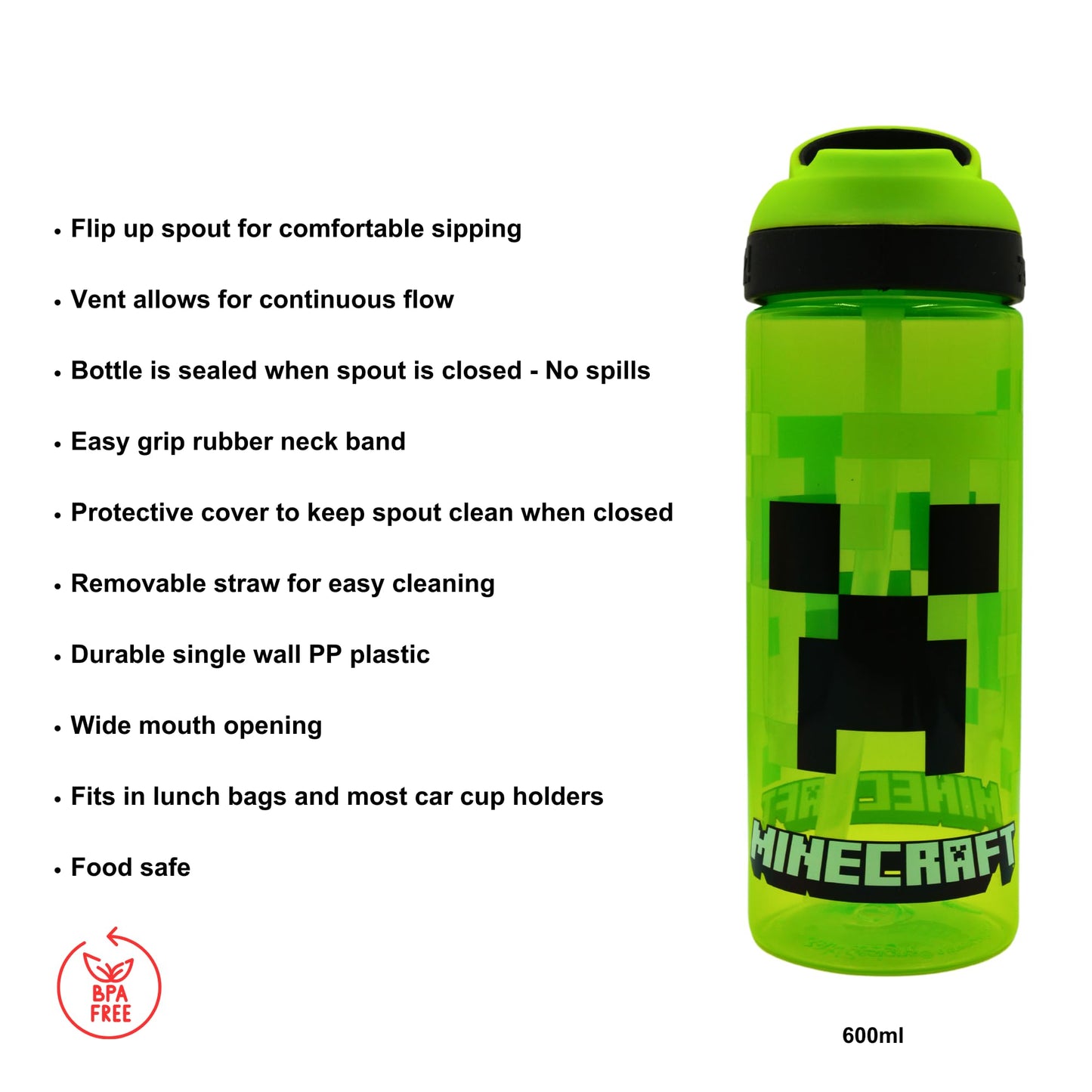 Minecraft Atlantic Creeper Drinks Bottle with Logo | Eco Freindly BPA-free Plastic School Water Bottle with Removable straw, spill Proof | Gift for Minecraft fan | Official Merch 600ML