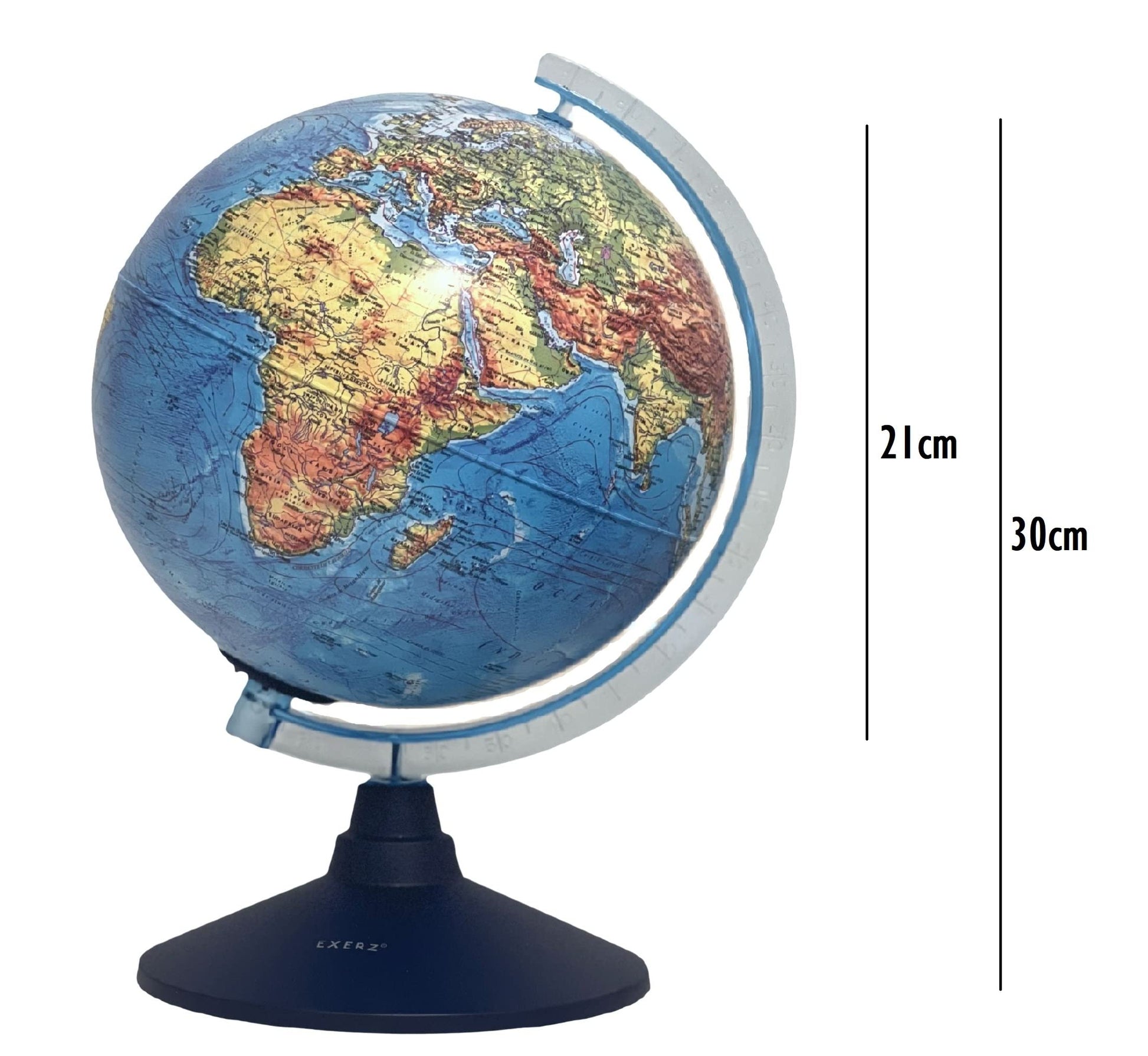 Exerz 21cm illuminated globe showing physical map, constellation stars, with light-up feature and swivel rotating base.
