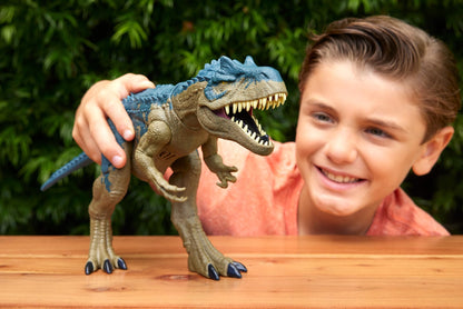 Jurassic World Ruthless Rampagin Allosaurus Dinosaur Toy, Action Figure with Continuous Chomp Attack & Roar Sounds, Button Activated Evolved Battle Spikes, HRX51