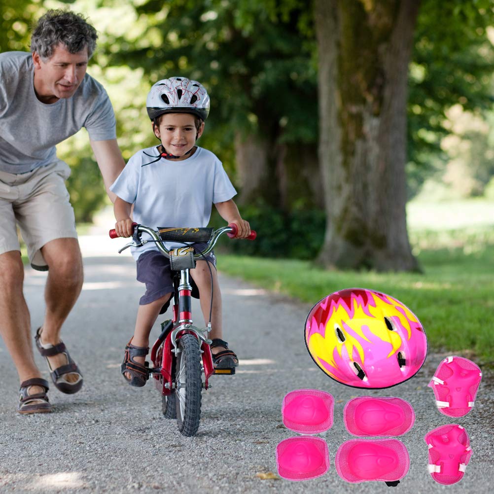 Kids Boys and Girls Protective Gear Set, Outdoor Sports Safety Equipment 7Pcs Child Helmet Knee &Elbow Pads Wrist Guards for Roller Scooter Skateboard (Pink)