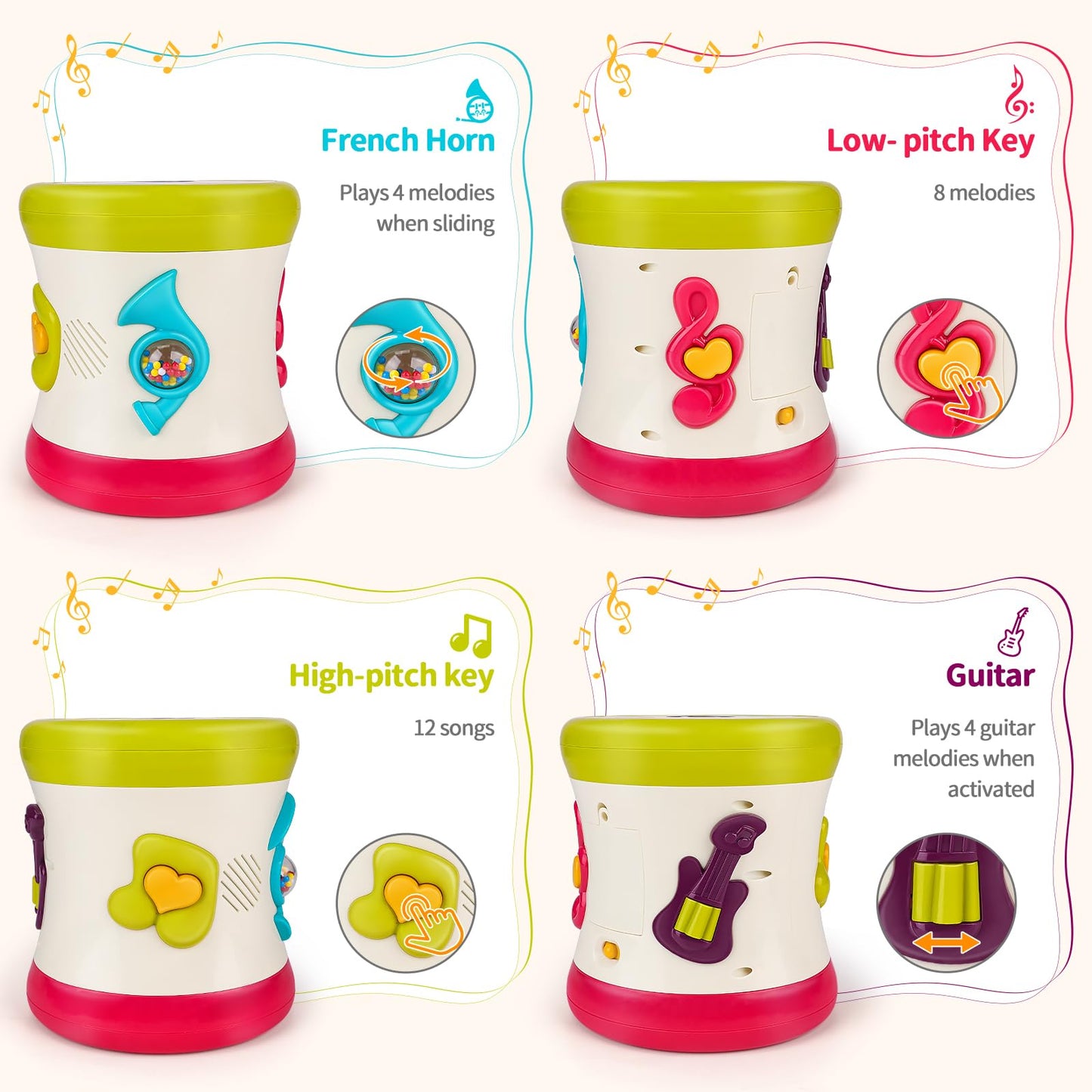 nicknack Baby Drum Kit for 1 Year Old, colorful sensory toy with lights, designed for young children aged 12-18 months.