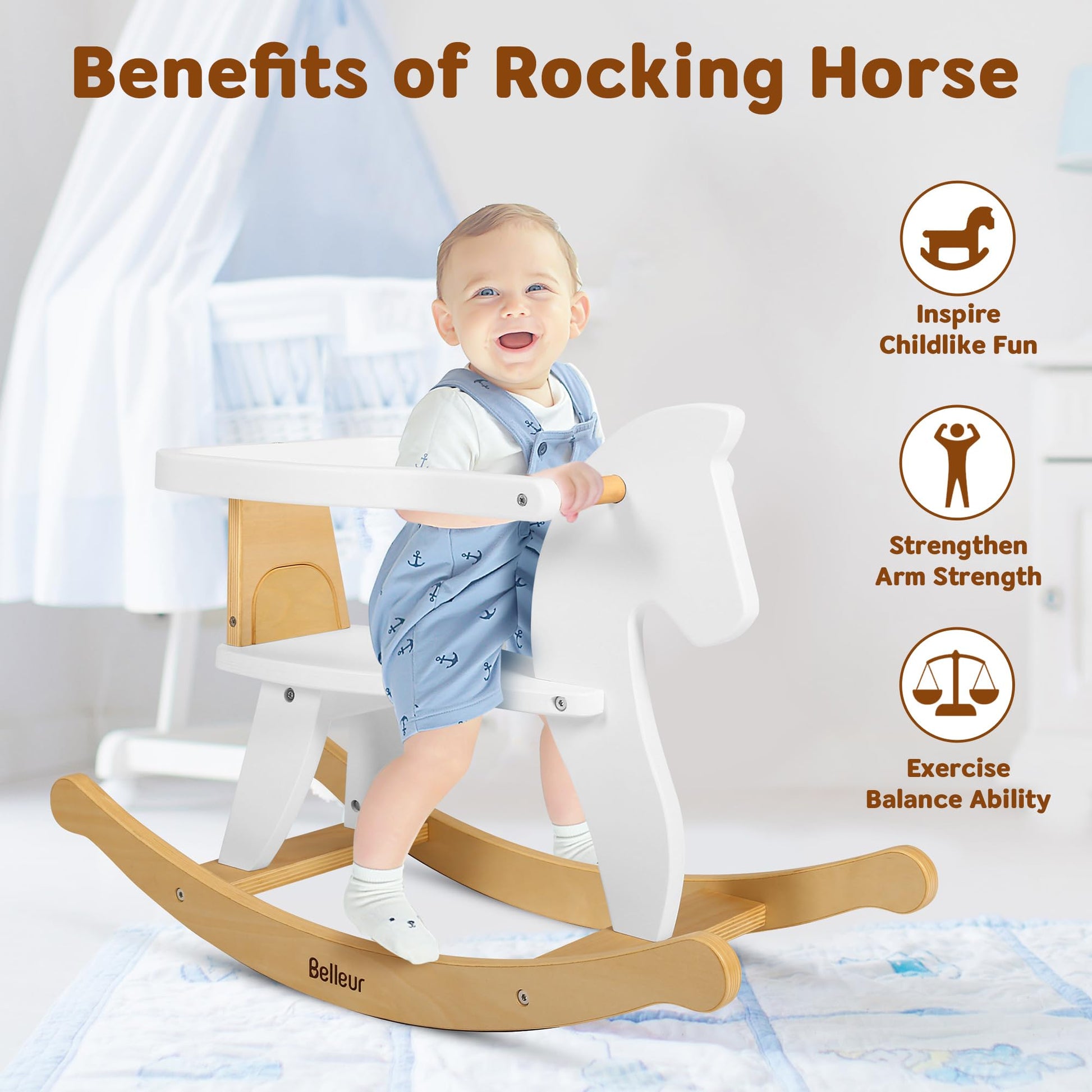 Wooden Belleur rocking horse for kids aged 1-3, toddler riding toy with removable fence for indoor and outdoor play.
