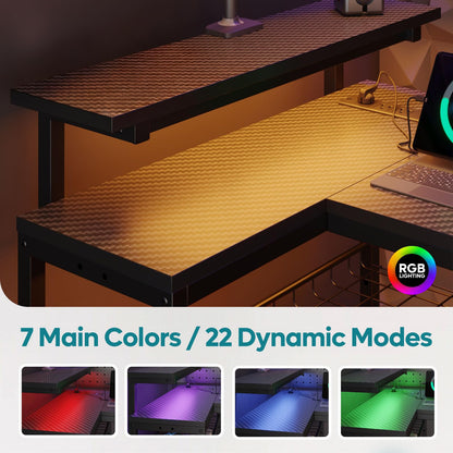 Bestier 132.5cm L-shaped workstation with carbon fiber surface, LED lights, shelves, hooks, and built-in power outlets for home office.