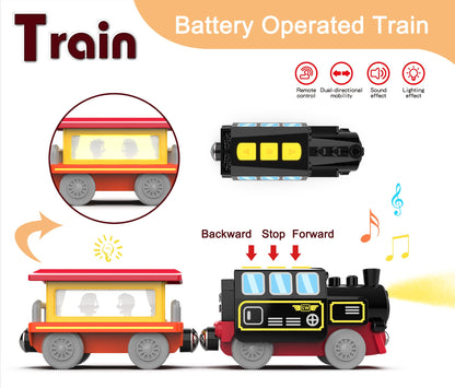Motorized Train for Wooden Track, Remote Control Train with Magnetic Connection, Battery Operated Locomotive Train for Toddlers, Compatible with Thomas, Brio, Chuggington