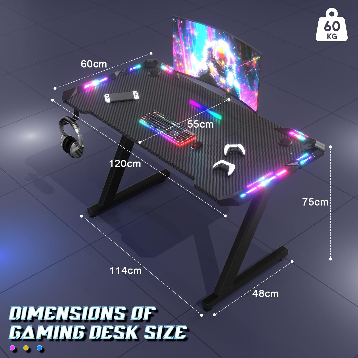 JUMMICO 120 x 60 cm Gaming Desk with LED Lights, RGB Gaming Table Sturdy Computer Desk for Home Office and Gamers with Headphone Hook, Black