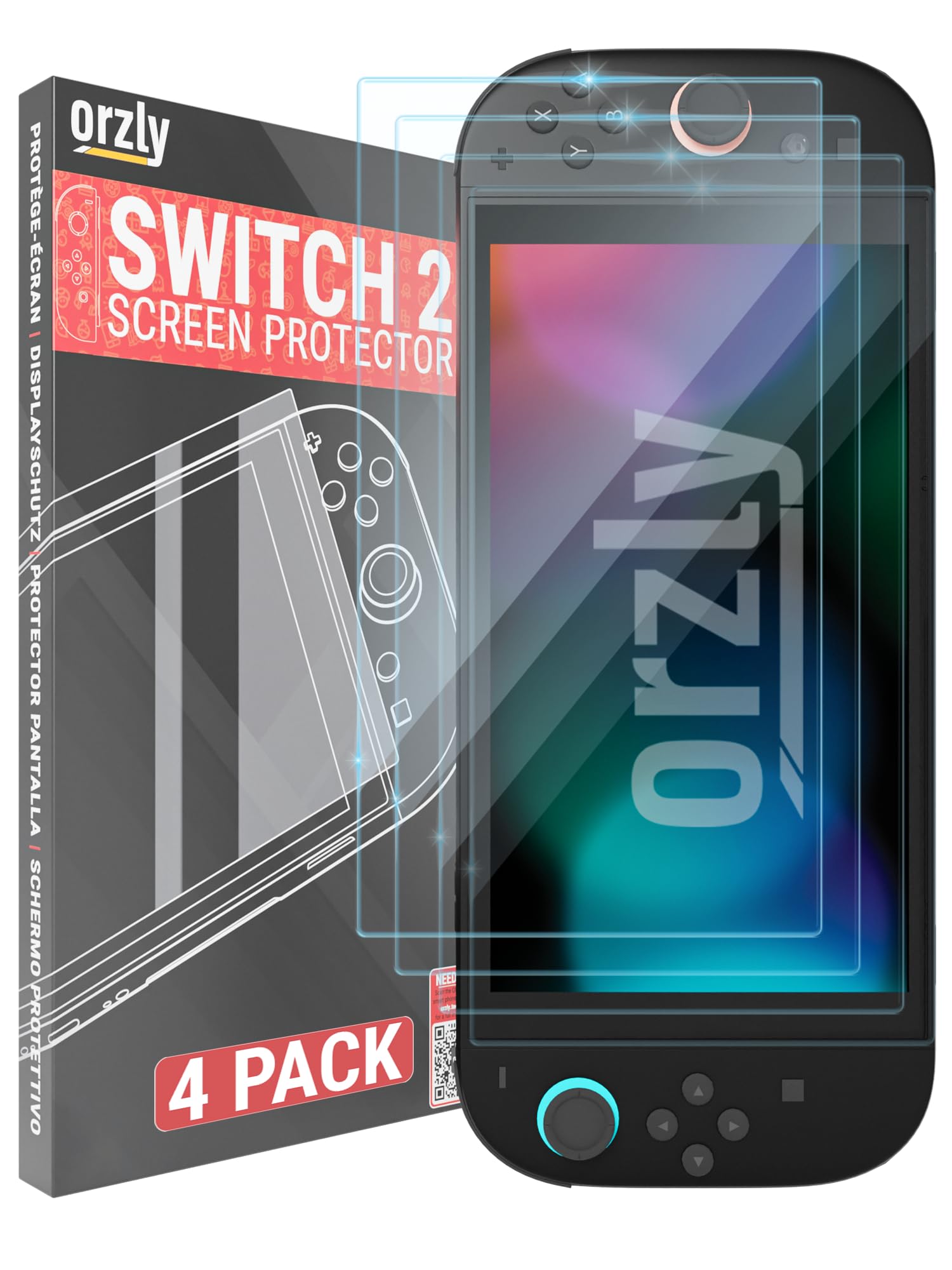 Orzly glass screen protector for Nintendo Switch 2, 7.9-inch console, anti-scratch, easy install, 4-pack, bubble-free.