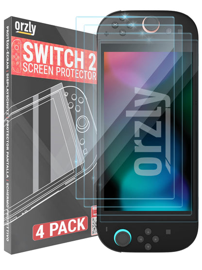 Orzly glass screen protector for Nintendo Switch 2, 7.9-inch console, anti-scratch, easy install, 4-pack, bubble-free.