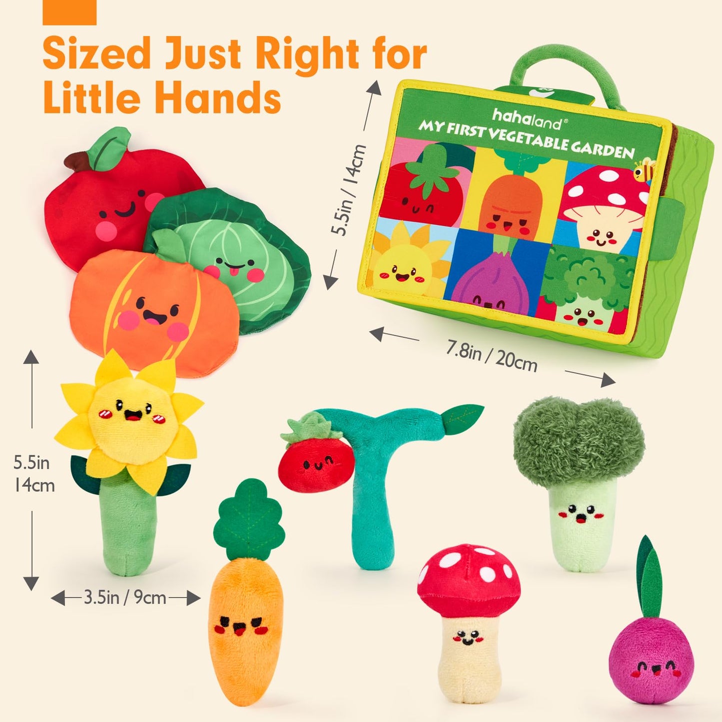 Montessori sensory plush garden toy by hahaland featuring fruits, vegetables, rattles, mirror, and crinkle textures.