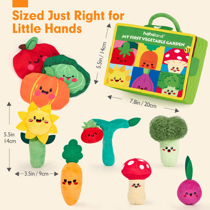 Montessori sensory plush garden toy by hahaland featuring fruits, vegetables, rattles, mirror, and crinkle textures.