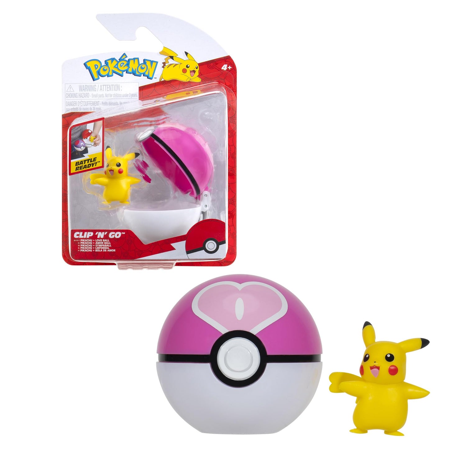 Pokémon Clip ‘N’ Go Pikachu with 2-inch battle figure and Love Ball accessory on a white background.