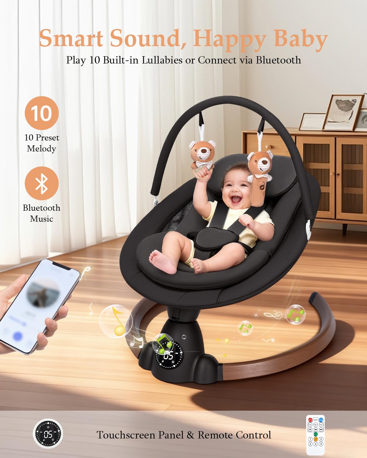 Portable black baby bouncer with 5 swing speeds, 10 lullabies, 5-point harness, remote control, Bluetooth, and touch panel for indoor outdoor use.
