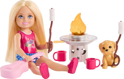 Barbie Chelsea Outdoor Adventures Playset, Family & Friends Set with Small Blonde Doll, Pet Puppy & 5+ Camping Accessories, JJV61