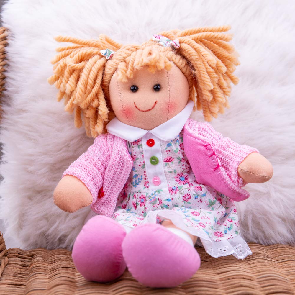 Bigjigs Toys Poppy doll, 28cm plush ragdoll with strawberry blonde pigtails and floral white dress, soft cuddly baby toy for children
