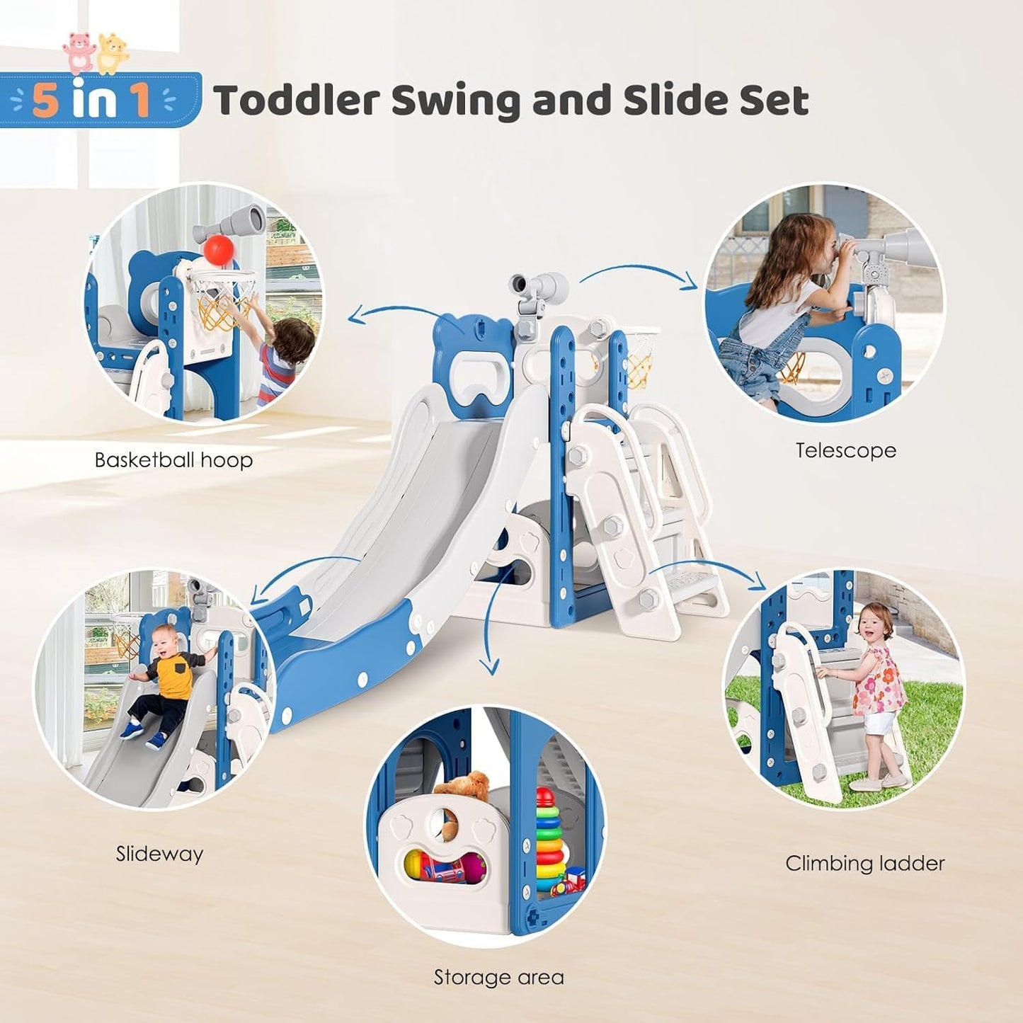 Kids Slide,Indoor Thickened Widened toddler slide with basketball hoop, climbing frame for the garden,storage space slide ((5-in-1 Naughty Bear Slide 170+Ball Frame+Telescope-Blue Gray))