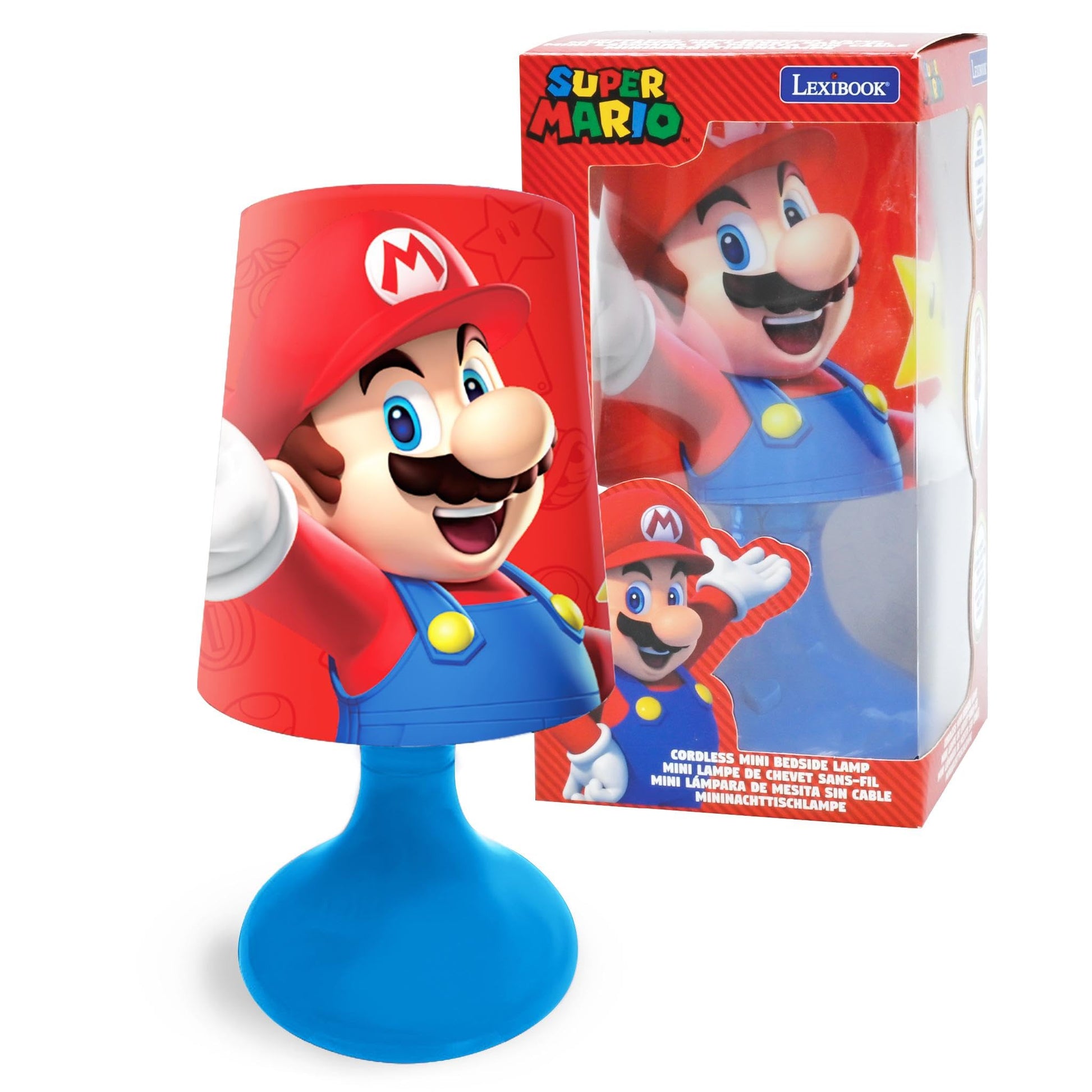 Red LEXIBOOK cordless mini bedside lamp and nightlight with Nintendo design, ideal for children’s bedrooms and nighttime reading.