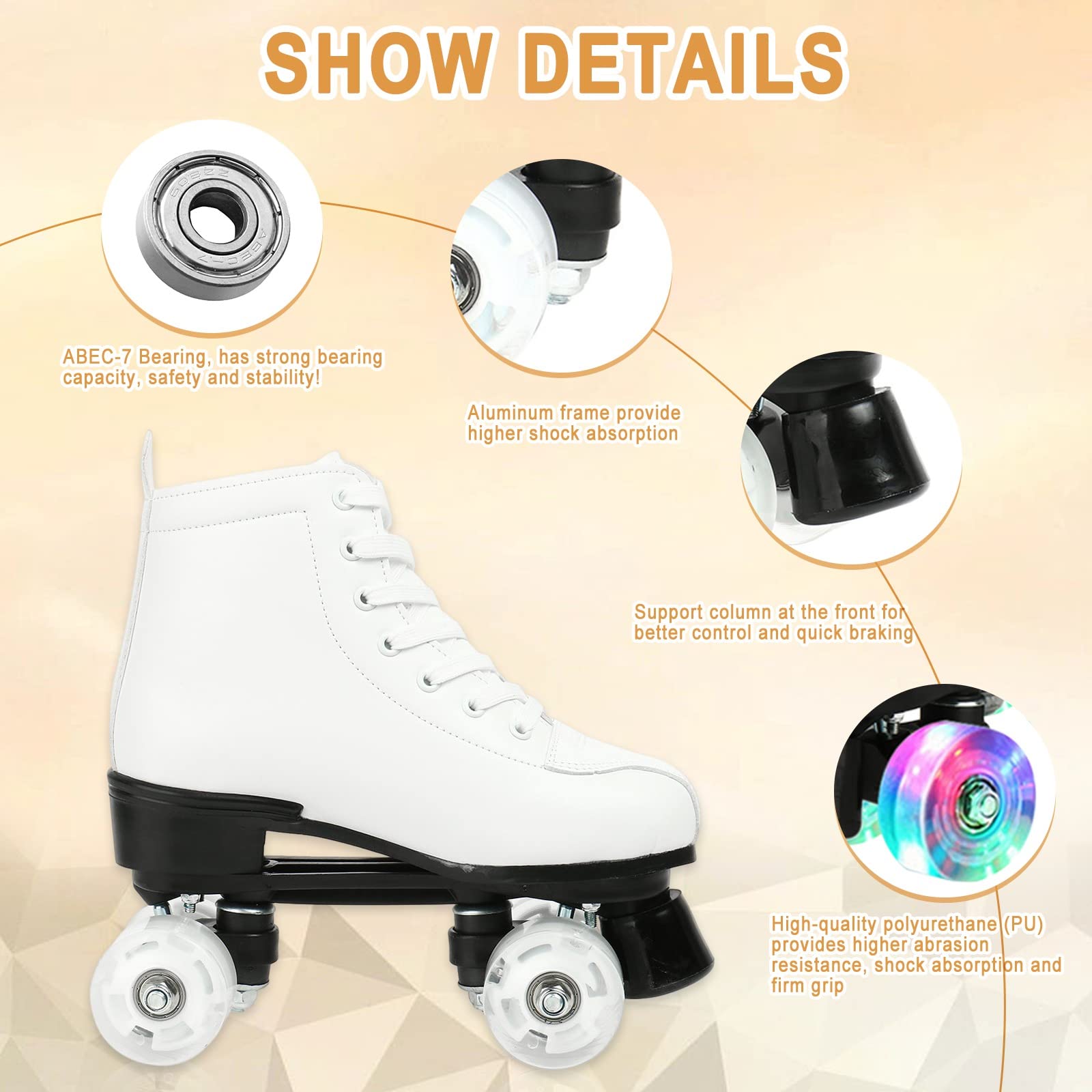 XUDREZ adjustable high-top roller skates with white flash wheels, double row design, suitable for indoor and outdoor use, size 36 UK.