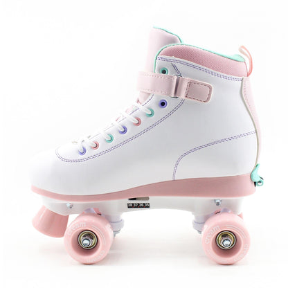 Cream Scoop Kids adjustable quad roller skates with white and pink hearts, four-wheel stable design for beginner boys and girls.