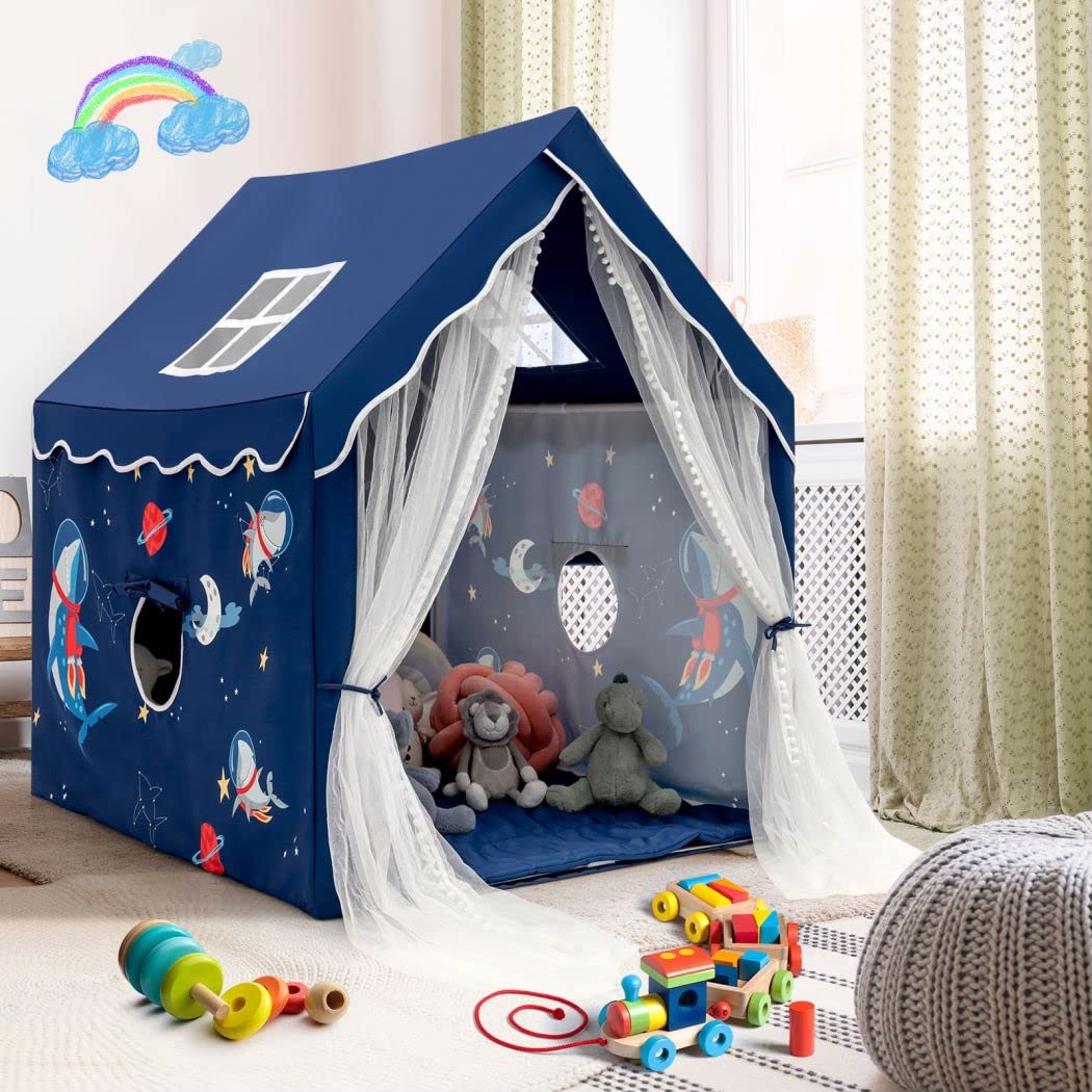 Blue COSTWAY kids play tent with windows and washable mat, indoor and outdoor castle playhouse for boys and girls.