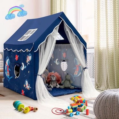 Blue COSTWAY kids play tent with windows and washable mat, indoor and outdoor castle playhouse for boys and girls.