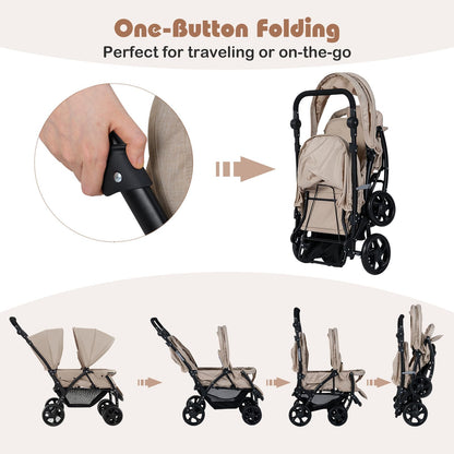 COSTWAY double seat pushchair with foldable design, adjustable backrest, sunshade, safety belts, and storage basket in khaki.