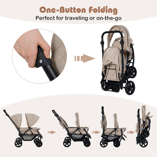 Foldable Twin Stroller, Double Baby Pushchair w/Multi-Level Backrest, Canopy, Handle & Footrest, Safety Belt & Brake System, Travel Tandem Seating Stroller w/Lockable Wheels (Khaki)