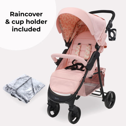 My Babiie MB30 Pushchair – from Birth to 4 Years (22kg), Easy Compact Fold, Large Shopping Basket, Adjustable Handle, Stroller Includes Cup Holder, Rain Cover – Pink Leopard